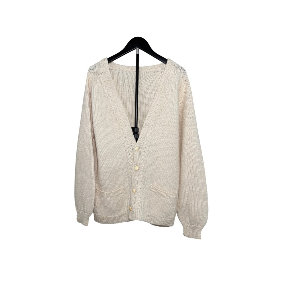 Vintage Handmade Knit Chunky Cable Trim Cardigan Sweater Cream Off White Medium